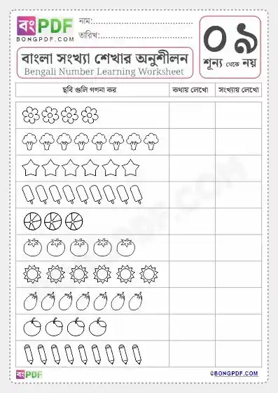 Numbers Count and Writing Bengali Worksheets