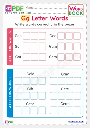 Free Learn Alphabet G English Words Worksheet Download
