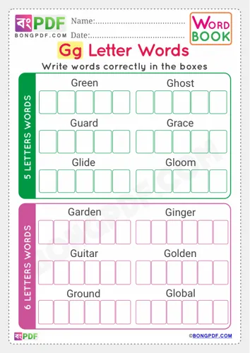 Free Learn Alphabet G English Words Worksheet Download