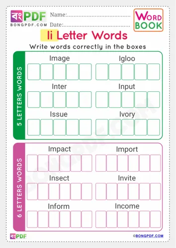 Free Learn Alphabet I English Words Worksheet Download