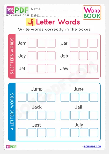 Free Learn Alphabet J English Words Worksheet Download