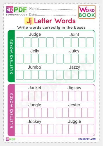 Free Learn Alphabet J English Words Worksheet Download