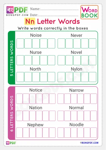 Free Learn Alphabet N English Words Worksheet Download