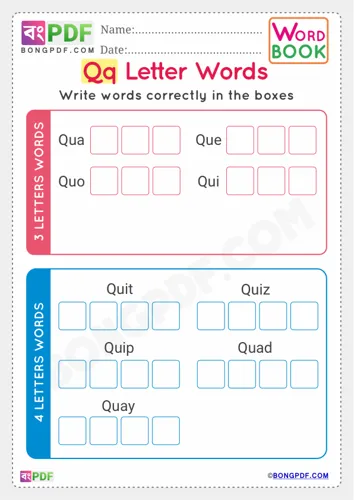Free Learn Alphabet Q English Words Worksheet Download