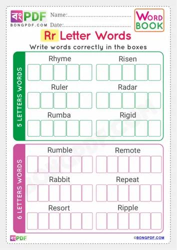 Free Learn Alphabet R English Words Worksheet Download