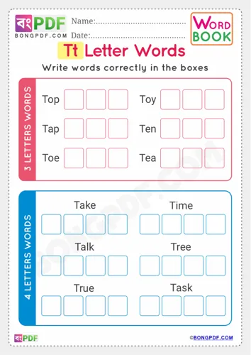 Free Learn Alphabet T English Words Worksheet Download