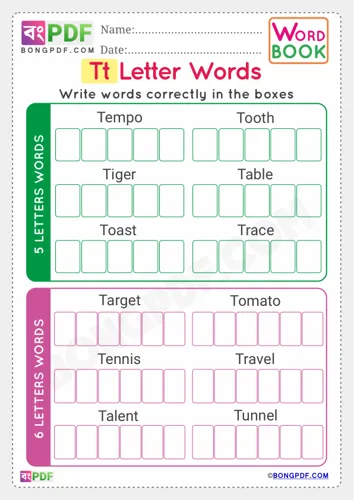 Free Learn Alphabet T English Words Worksheet Download