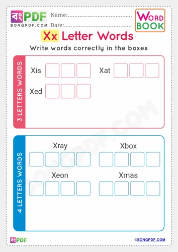 Free Learn Alphabet X English Words Worksheet Download