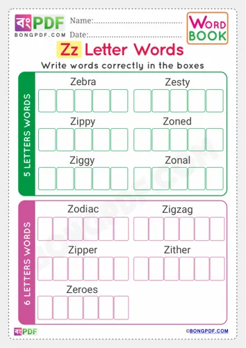 Free Learn Alphabet Z English Words Worksheet Download