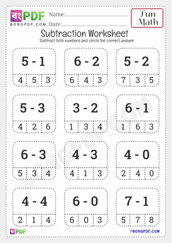 Free Learn Circle Answer Subtraction Worksheet Download