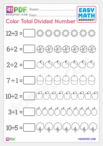 Free Learn Color Total Divided Numbers English Worksheet Download