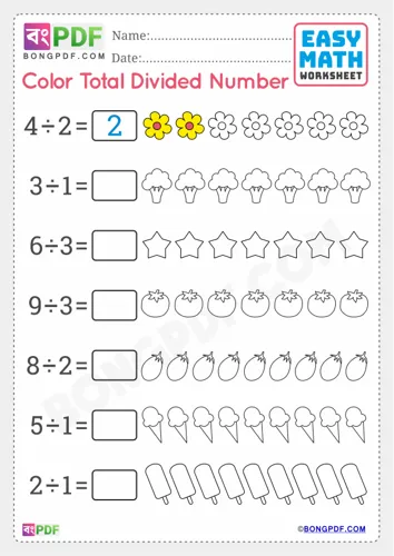 Free Learn Color Total Divided Numbers English Worksheet Download