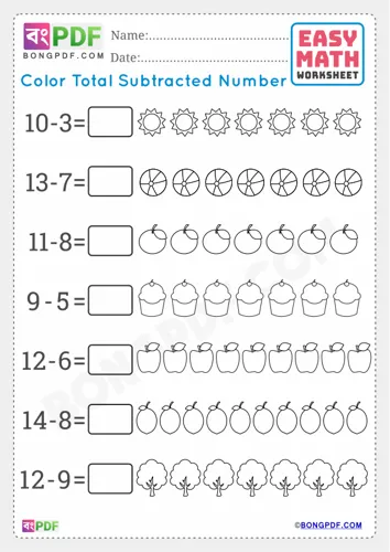 Free Learn Color Total Subtracted Numbers English Worksheet Download