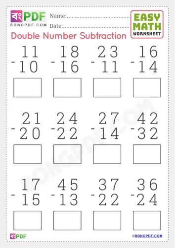 Free Learn Double Numbers Subtraction English Worksheet Download