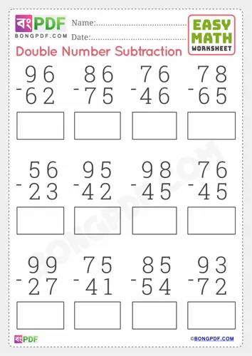 Free Learn Double Numbers Subtraction English Worksheet Download