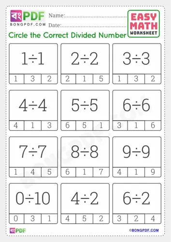 English Division and Circle Answer Worksheets