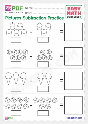 Free Learn English Numbers Pictures Subtraction Worksheet Download