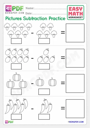 Free Learn English Numbers Pictures Subtraction Worksheet Download