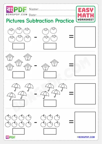 Free Learn English Numbers Pictures Subtraction Worksheet Download