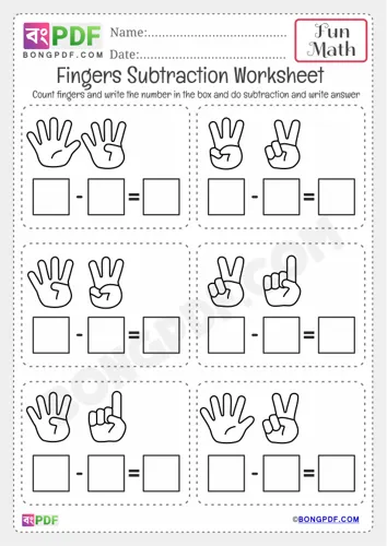 Free Learn Fingers Subtraction Worksheet Download