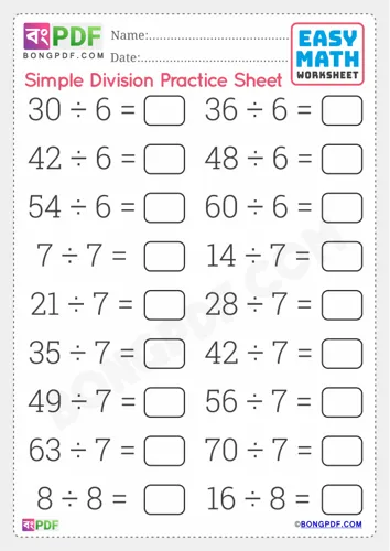 Free Learn Simple English Division Worksheet Download