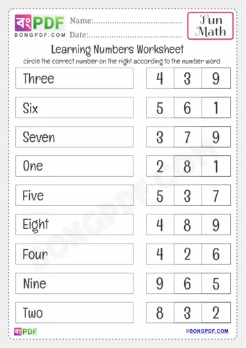 Free Learn Kindergarten Select Right Number Worksheet Download