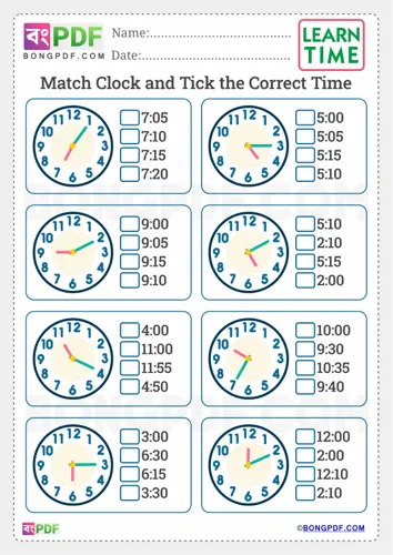 Free Learn Match Clock Tick Correct Time English Worksheet Download