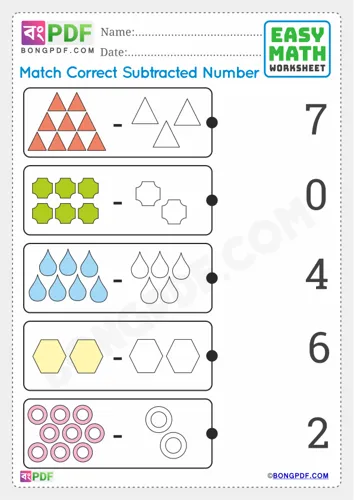 Free Learn Match Pictures Subtraction English Worksheet Download