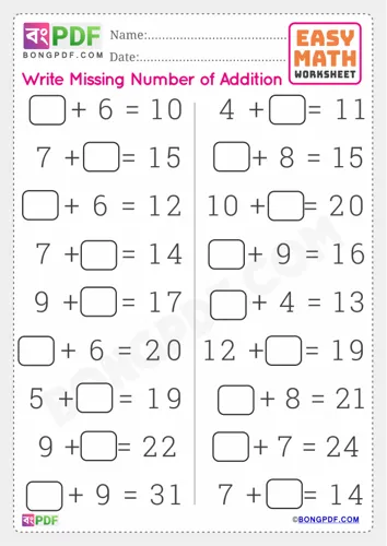 Free Learn Missing Numbers Addition English Worksheet Download