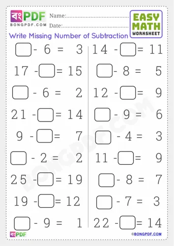 Free Learn Missing Numbers Subtraction English Worksheet Download