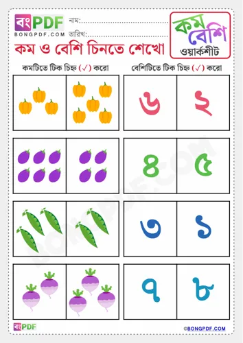 Free Learn More And Less Numbers Bengali Worksheet Download