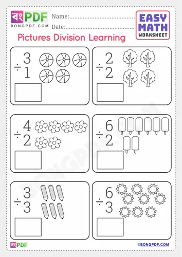 Free Learn Pictures Division English Numbers Worksheet Download