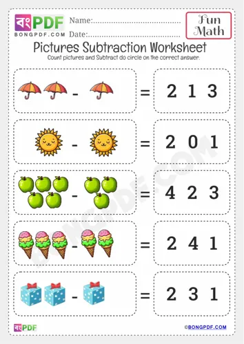Free Learn Pictures Fun Subtraction Worksheet Download