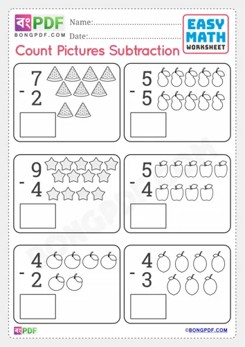 Free Learn Pictures Subtraction English Numbers Worksheet Download