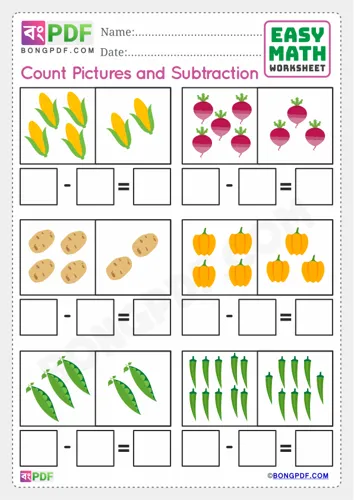 Free Learn Pictures Subtraction English Worksheet Download