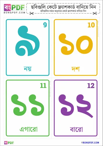 Free Learn Simple Bengali Numbers Flashcards Worksheet Download