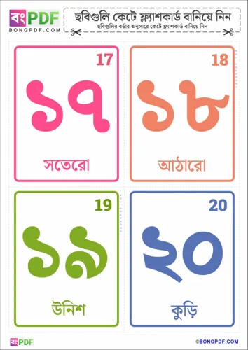 Free Learn Simple Bengali Numbers Flashcards Worksheet Download