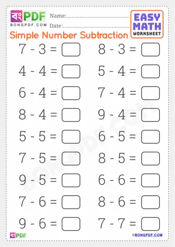 Free Learn Simple English Subtraction Worksheet Download