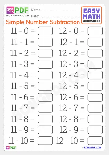 Free Learn Simple English Subtraction Worksheet Download