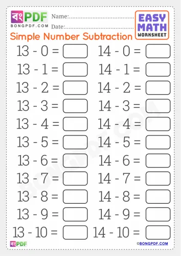 Free Learn Simple English Subtraction Worksheet Download