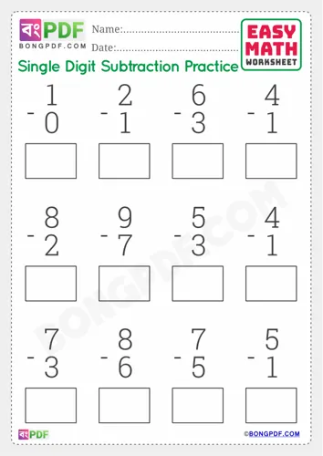 Free Learn Single Number Subtraction English Worksheet Download