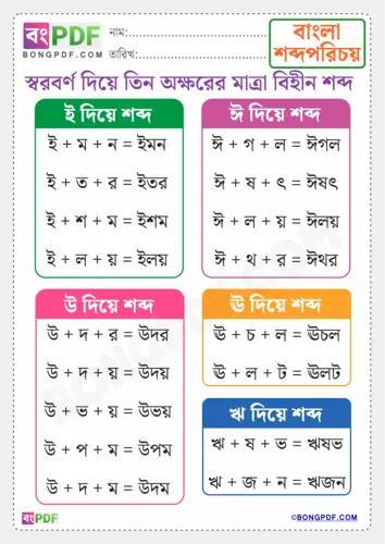 Free Learn Three Letters Bengali Vowels Words Worksheet Download