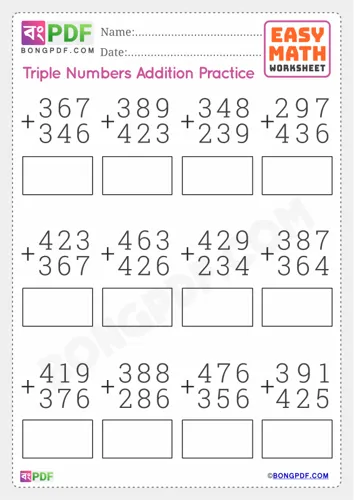 Free Learn Triple Numbers Addition English Worksheet Download