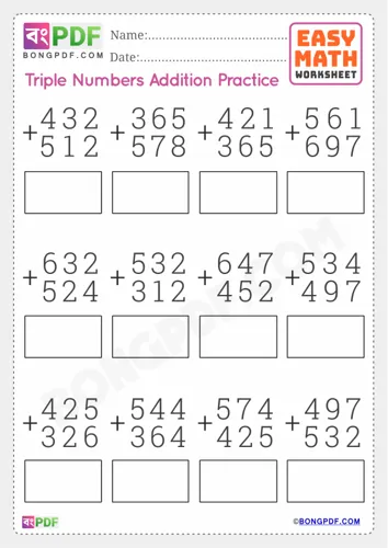Free Learn Triple Numbers Addition English Worksheet Download