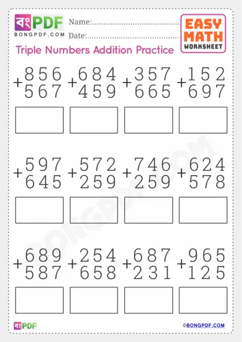 Free Learn Triple Numbers Addition English Worksheet Download