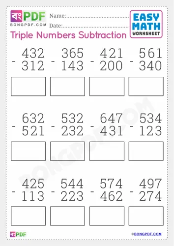 Free Learn Triple Numbers Subtraction English Worksheet Download