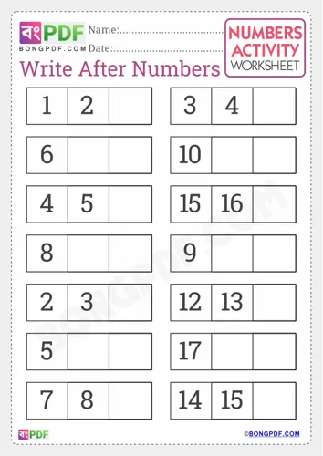Free Learn Write After Numbers English Worksheet Download