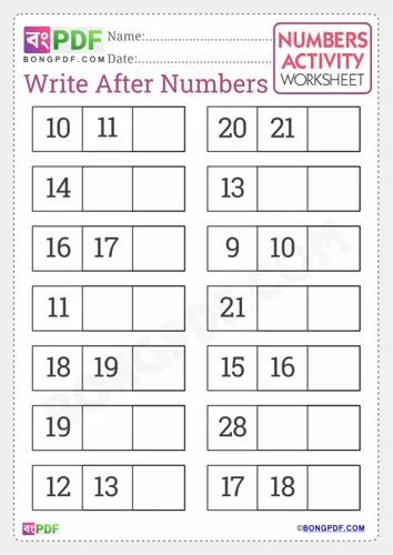 Free Learn Write After Numbers English Worksheet Download