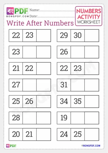 Free Learn Write After Numbers English Worksheet Download