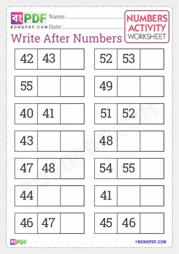 Free Learn Write After Numbers English Worksheet Download